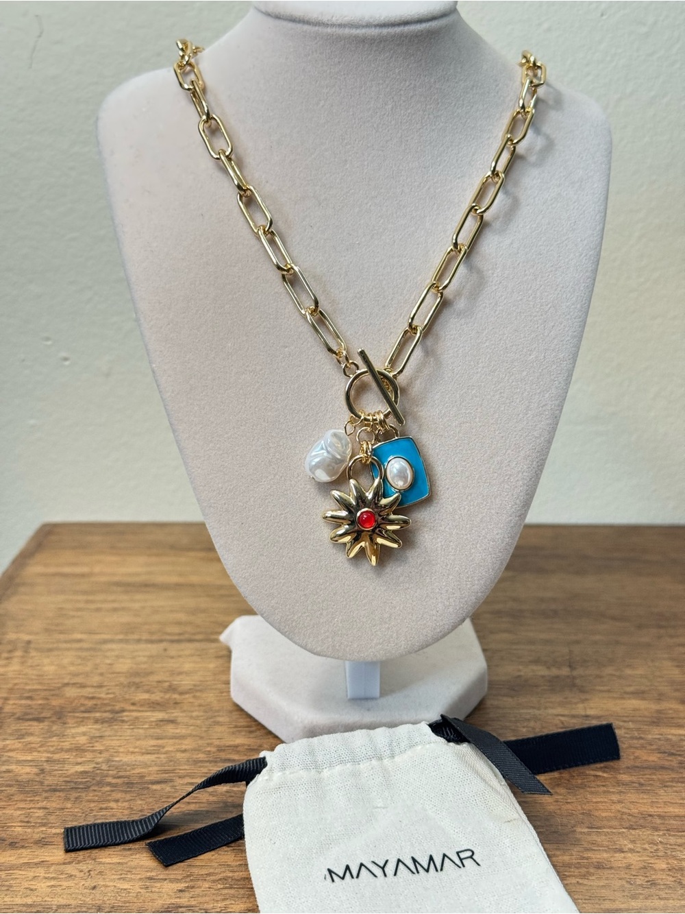 New Mayamar Gold Chain Charm Necklace with Turquoise & Pearl Charms